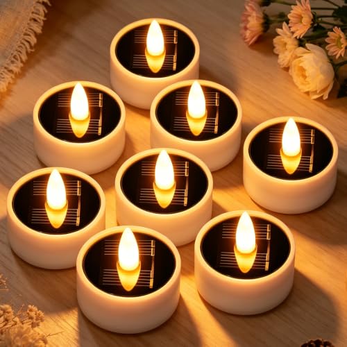 Image of Solar Tea Lights Outdoor Waterproof, 8 Pcs LED Votive Candles-1.57''x1.77'' | Rechargeable Dusk to Dawn Lighting Small Candles, Flameless Flickering Little Tealights, Lantern Table Garden Patio Decor