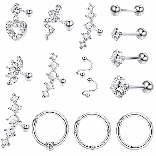 Jstyle 15 Pcs 16G Cartilage Earring Stud Earrings For Women Men Surgical Stainless Steel Cz Opal Snake Heart Cartilage Hoop Septum Ring Tragus Helix Daith Conch Piercing Jewelry Set Silver Tone #TOP26