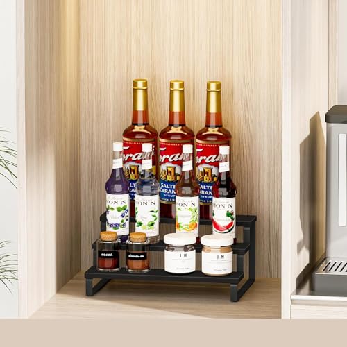 Image of 3 Tier Wooden Spice Rack for Kitchen Countertop -Step Shelf Organizer for Spices, Jars & Condiments | Metal Frame Wood Shelf For Counter Storage - Black (35 x 24 x 15 cm)