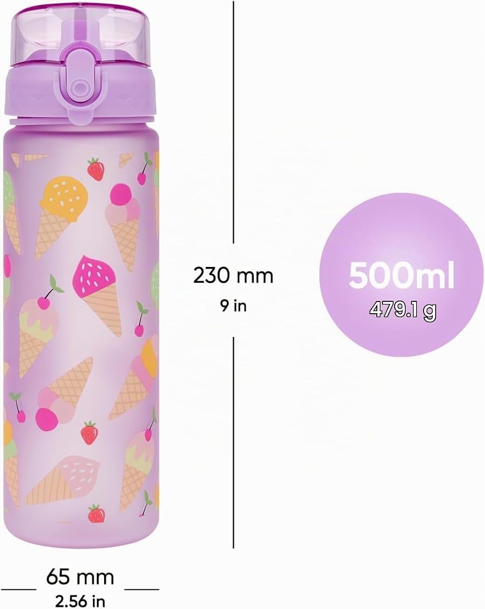 Baagl Butelka na napoje dla dziewcząt, szczelna, 500 ml, do szkoły i sportu, piłka nożna, dla dzieci, z tritanu, butelka na napoje szkolne (Lavender)