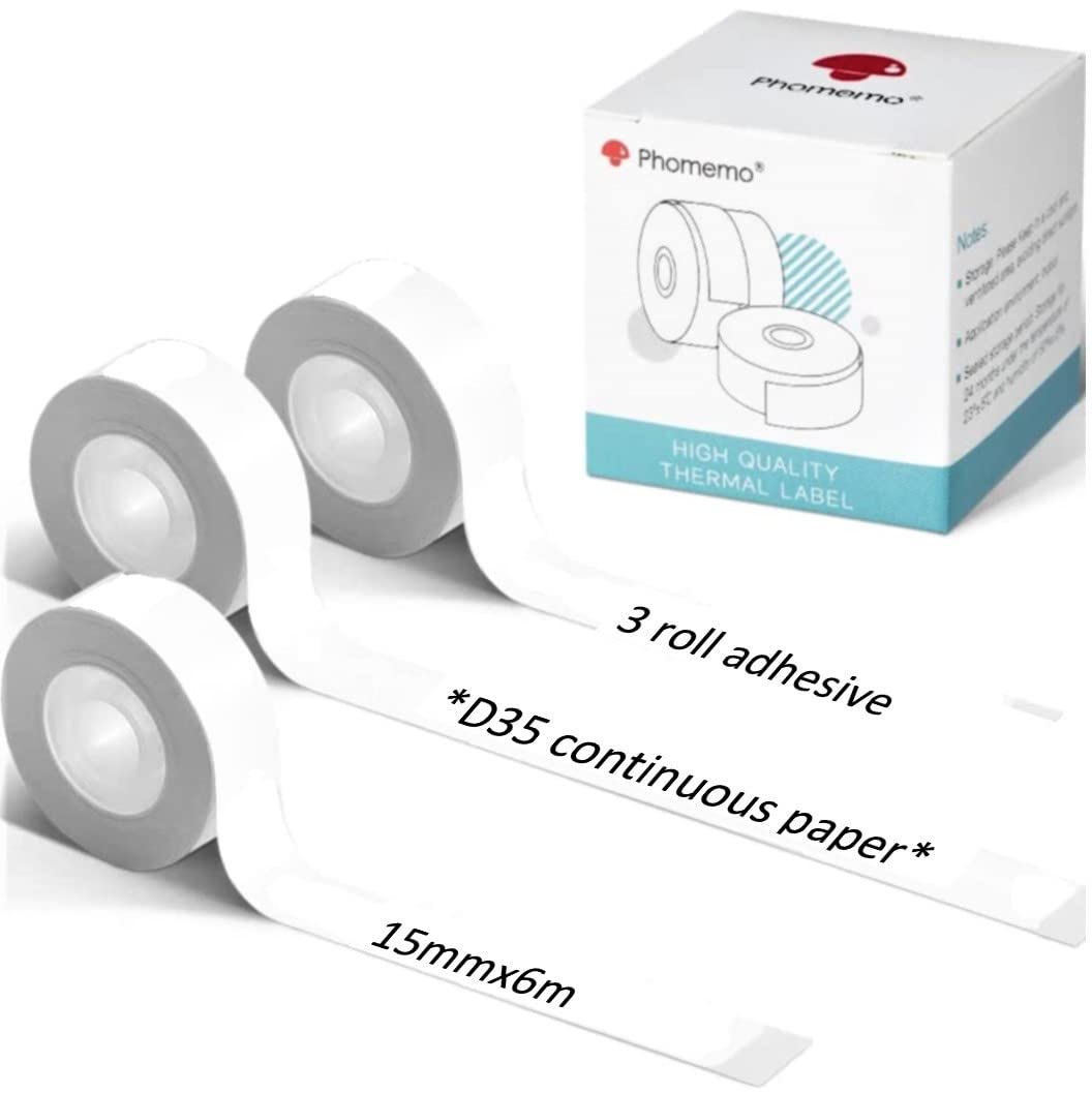 Phomemo 3 Roll D30/D35 Adhesive White Continuous Thermal Label Paper 1/2 in X 20 Ft (15mm X 6m) Black on White, for Phomemo D30/D35 Label Maker for Home Office School Organization, Gift for Decoration