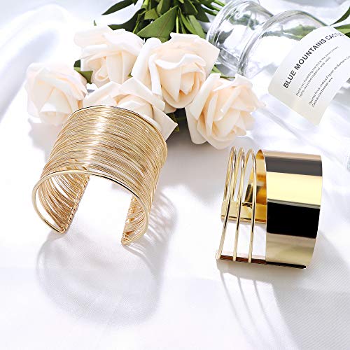 Besteel 2 Pcs Cuff Bangle Bracelet Set for Women Open Wide Wire Bracelets Adjustable Gold Sliver-Tone Plated3
