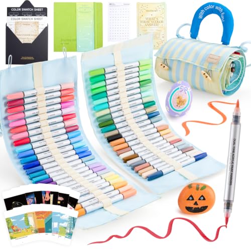 Image of Shuttle Art 96 Colors Dual Tone Acrylic Paint Markers, 48 Pack Automatic Ink Control Brush Tip Pens for Rock Painting, Ceramic, Wood, Canvas, Glass, Stone, Fabric, Card Making, DIY Crafts