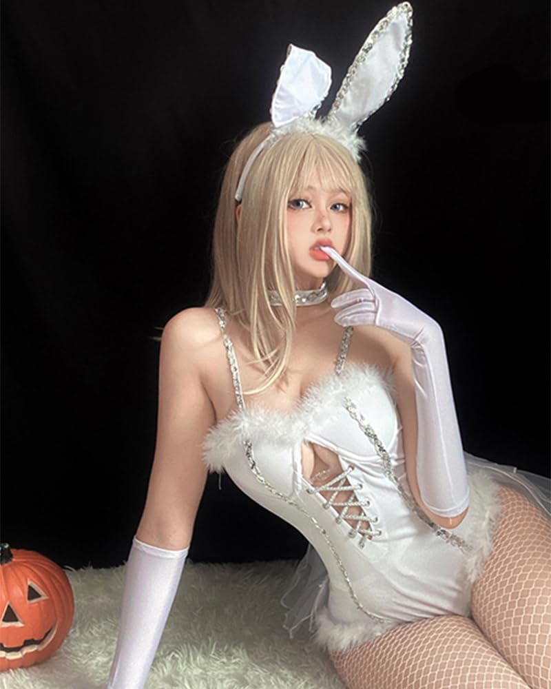 Mobbunny Christmas Bride Bunny Cosplay Bodysuit with Gloves Headband and Choker Bunny Costume: Small White