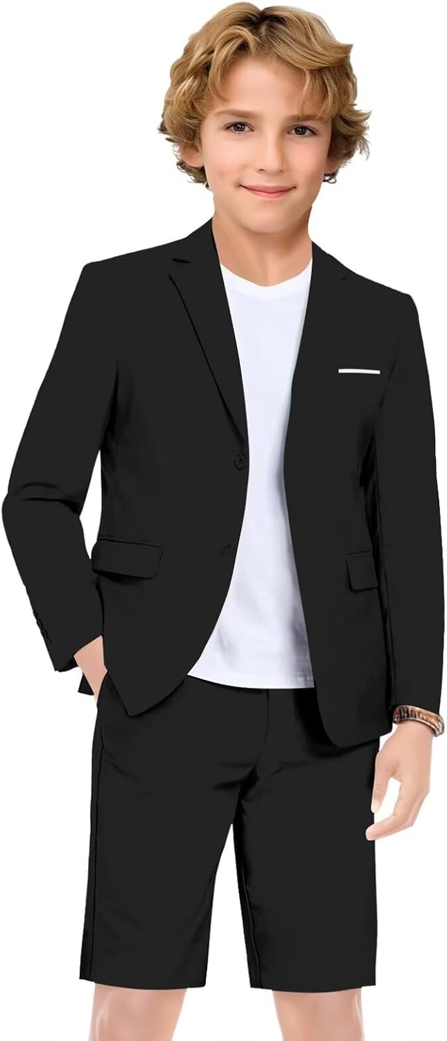 Shorts Suit for Boys 2 Piece Slim Fit Suit Blazer Shorts Set Summer Boys Black Suits for Wedding Prom