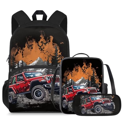 COEQINE Elementary Rucksack, Schule, Kinder, Jungen, Büchertaschen-Set für Kleinkinder, 4–6, 6–8, 8–10, Kindergarten, Lunchbox, Federmäppchen, 3-teilig, Cartoon-RC-Trucks