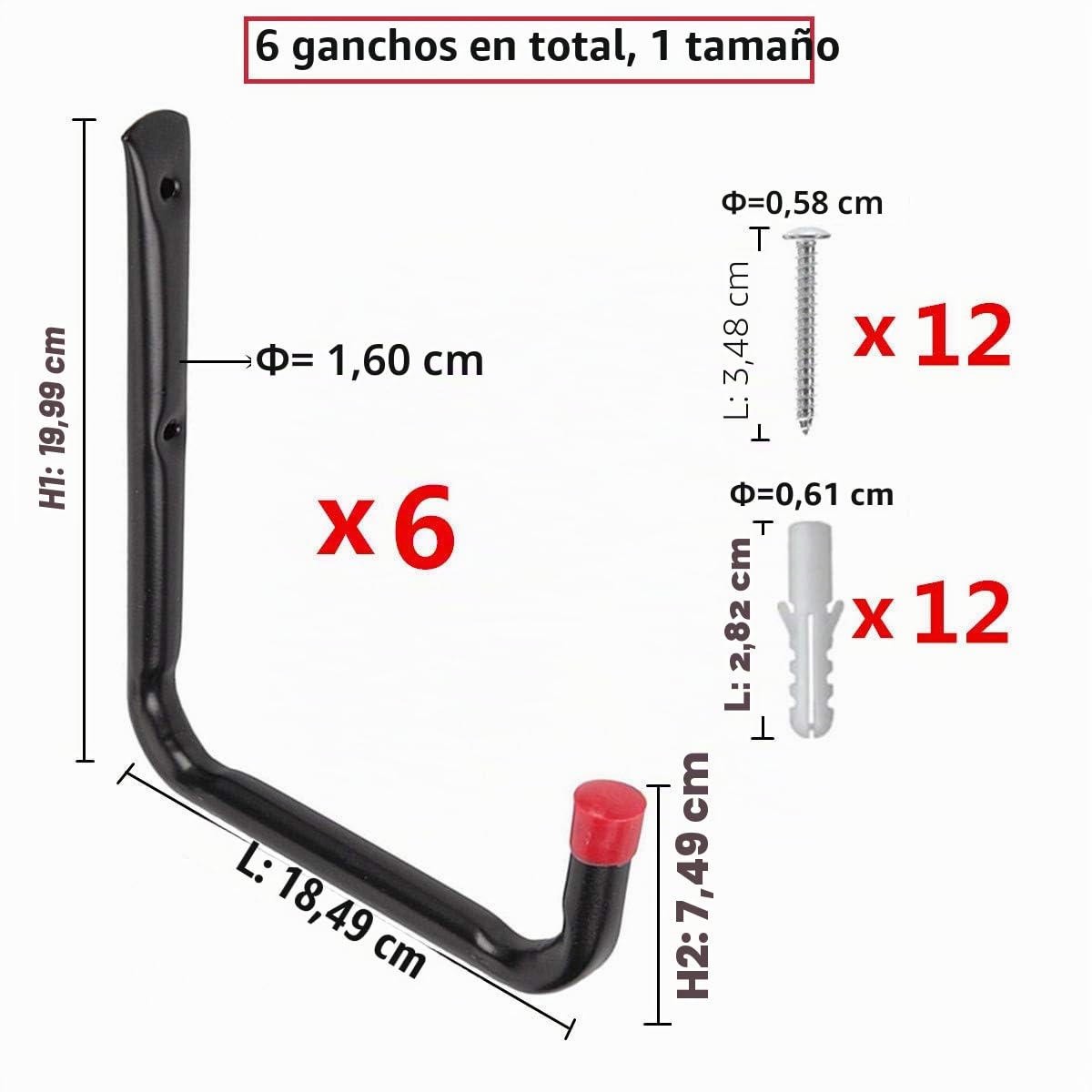 Ganchos para uso general de almacenamiento en el garaje de acero para servicio pesado, perchas en U para montaje en pared, para escaleras Otros artículos voluminosos (6 piezas, gancho de 7.2 ")