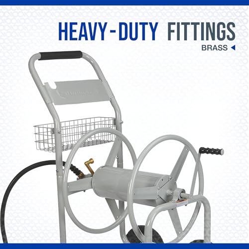 Strongway Garden Hose Reel Cart, Holds 5/8 in. x 400 ft. Hose, Tubular Steel Frame, 10 in. Flat-Free Tires, Brass Fittings, 6 ft. Leader Hose, Integrated Basket, for Garden, Yard and Farm
