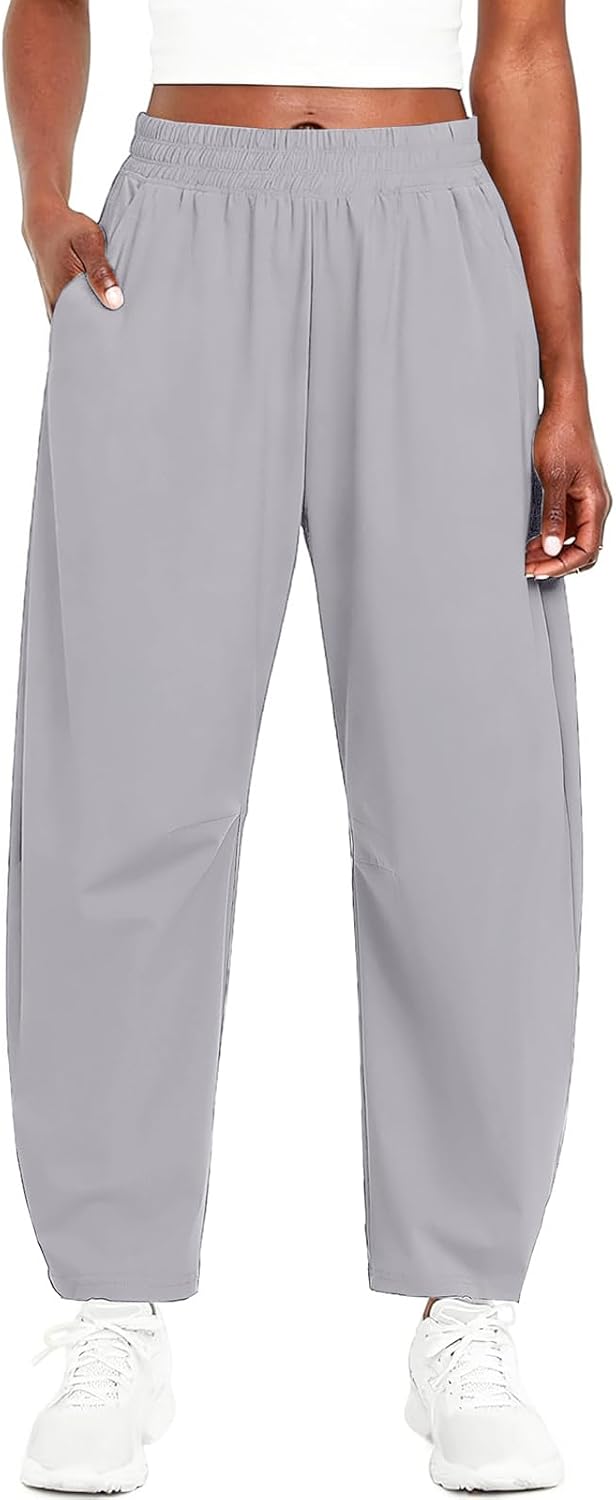 Oymyakon Women's Barrel Ankle Pants Quick Dry Baggy Wide Leg Hiking Pants Casual Elastic Waisted Travel Pants with Pockets
