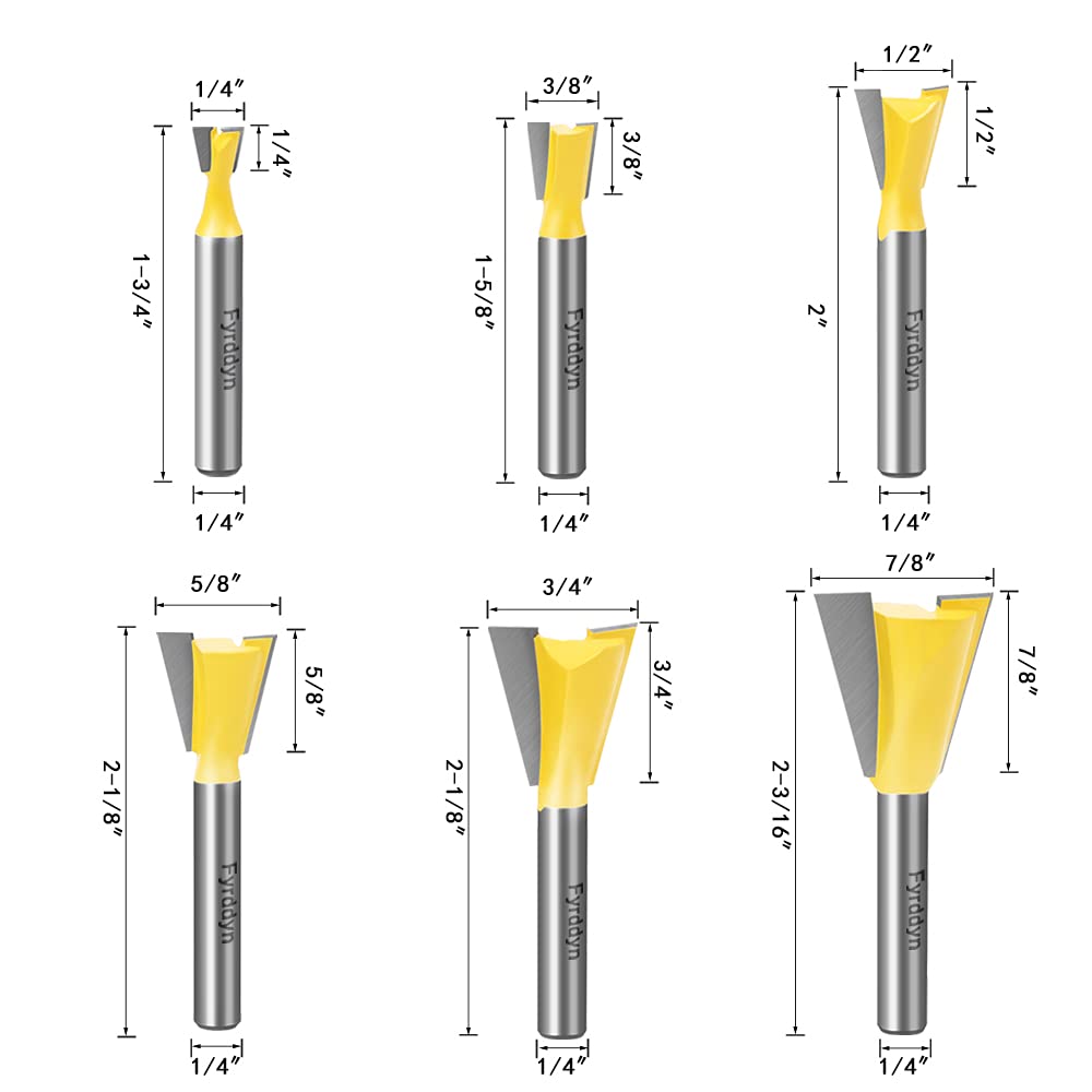 Fyrddyn 6Pcs 14° X 1/4,3/8,1/2,5/8,3/4,7/8-Inch Dovetail Router Bit 1/4-Inch Shank Woodworking Engraving Bit Milling Cutter for Wood (6PCS 1/4 Shank) - - 