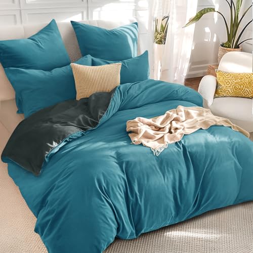 RUIKASI Teal Double Duvet Set Grey - Reversible Teal Duvet Cover Double Bedding Set with Zip, Soft Brushed Microfibre Double Bed Set Quilt Cover with 2 Pillowcases