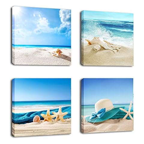 Paimuni Seashell Starfish on Beach Canvas Wall Art Contemporary Wall Art Prints for Bathroom Bedroom Living Room Decoration Office Wall Decor Ready to Hang 12x12 Inches 4 Panel Cover