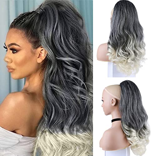 Krsi Grey Yaki Wavy Drawstring Ponytails For Black Women Clip In Ponytail Ponytail Extension Yaki Body Wave Synthetic Hair Long 26 Inch Hightlights Pony Tails Extension Hairpieces For Women(T1B/613) #TOP1