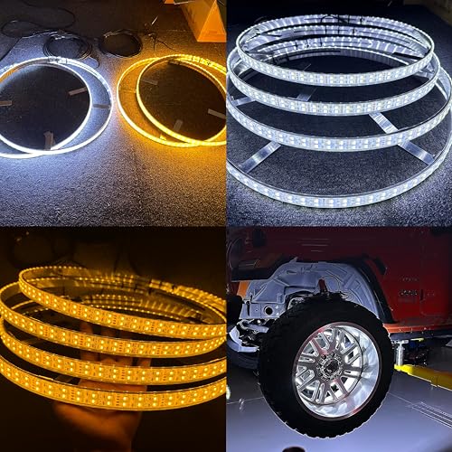 Sando Tech 17.5'' Double Row Amber White Led Wheel Lights w/Amber Turn Signals Rim Lights 672Leds Brightest White Wheel Lights RF Remote/Switch Ctrl for Truck Tire Light