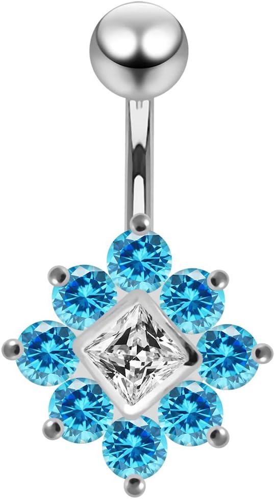 Fancy Studded Square Flower Design 925 Sterling Silver with Stainless Steel Belly Ring - Belly Button jewelry - Navel jewelry