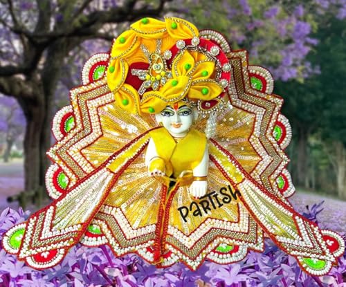 Image of Partish Laddu Gopal Heavy Dress for Janmashtmi with Mukut and Patka l Ladoo Gopal Dress l Bal Gopal l Kanha Ji Thakur Ji Heavy Dress (Size 6, Yellow)