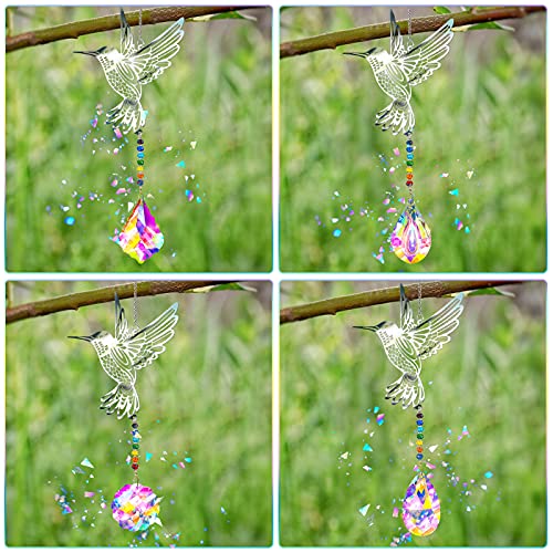 Colorful Crystals Suncatcher Hanging, Hummingbird Rainbow Maker Sun Catcher Prisms Chakra Ball Beads Chain Ornament Pendant Chandelier For Window Car Outdoor Indoor Home Garden Wedding Decor, 4 Pieces #TOP3