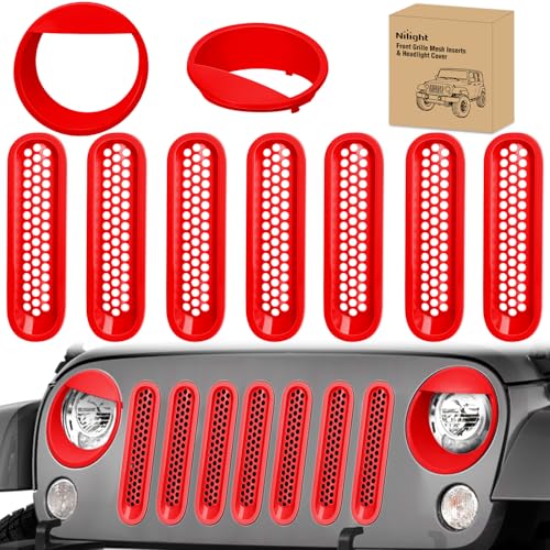 Image of Nilight Grill Inserts fit for Jeep Wrangler Front Grille Mesh Inserts & Headlight Cover Set for JK JKU Unlimited Sports Sahara Freedom Rubicon 2007-2018 Clip-in Trim Exterior Accessories Red 9 Pcs
