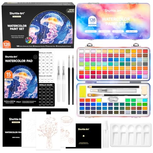 Shuttle Art Watercolor Paint Set, 128 Vibrant Colors with Metallic Shades, Travel Water Color Set with Watercolor Brushes, Palette, Watercolor Sketchbook and Coloring Sheets for Adults, Kids