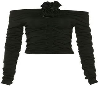 mingxinshangdian One-Line Shoulder Sexy Elegant Mature Feminine Royal Sister Rose Decoration Women's Simple Tight Pleated Long Sleeve Top