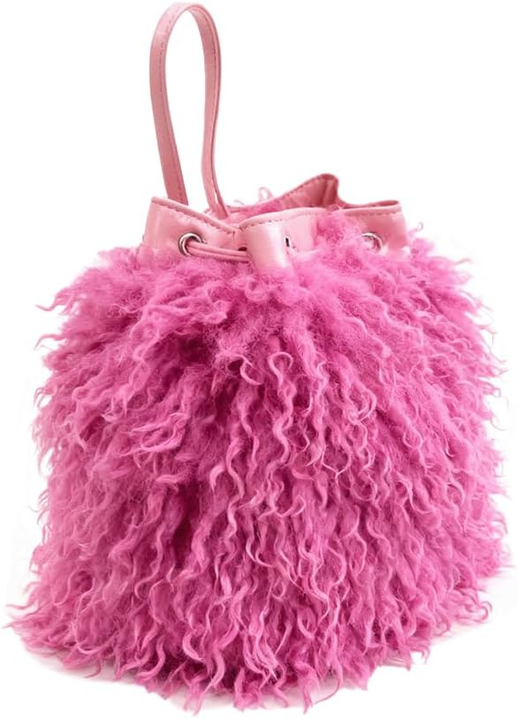 Fur Purse Mongolian Bucket Shoulder Bag Drawstring Curly Fluffy Fuzzy Furry Handbag Soft Winter Tote for Women