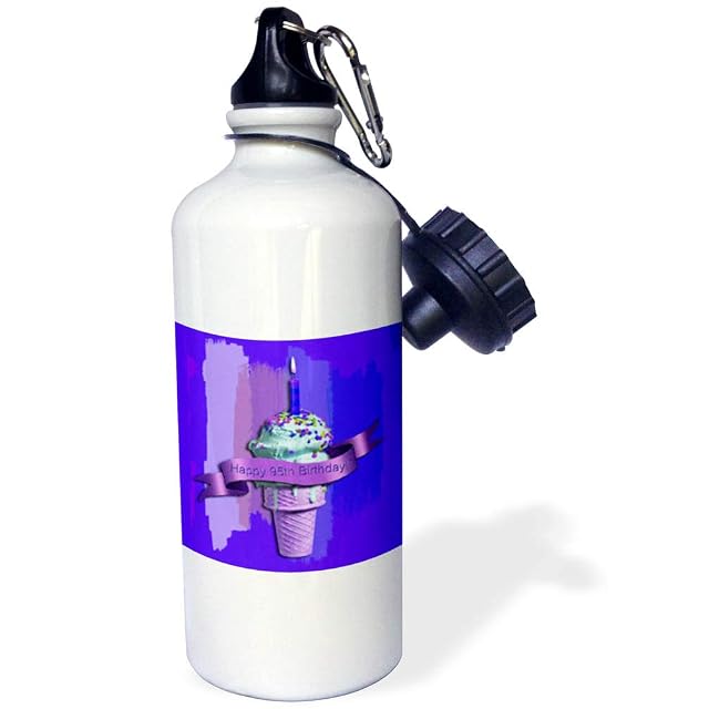 3dRose Happy 95th Birthday Strawberry Ice Cream Cone on Abstract Purple Sports Water Bottle 21 oz White