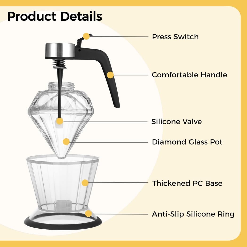 Glass Honey Dispenser With Stand, No-Drip Syrup Pot, Elegant Shaped Jar For Sauces, Oils, And Vinegar