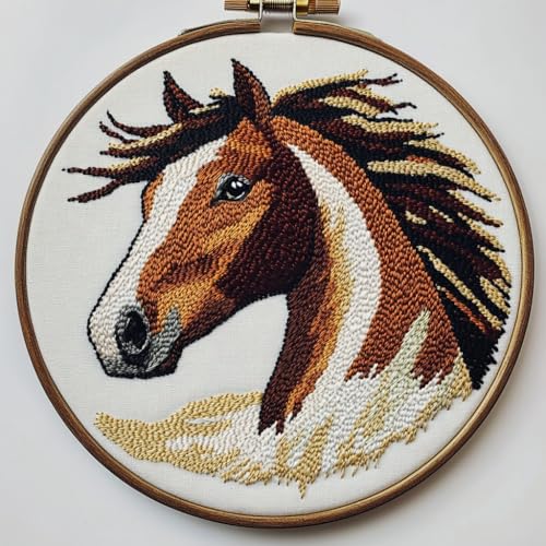 DIY Punch Needle Kits for Beginners American Native Indian Horse with Hoop Embroidery Punch Needle Starter Set Easy for Adults and Kids Festival Gift and Decor 20x20cm