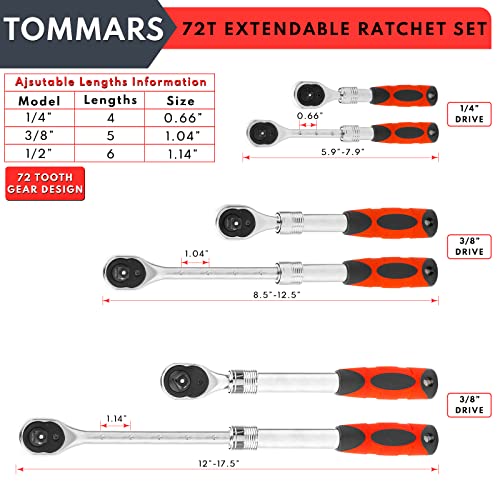 Image of TOMMARS Extendable Ratchet Set 1 /4 inch, 3 /8 inch, 1 /2 inch Socket Wrench Hand Tool Kit | Mechanic Hand Tool Set, Telescoping Design, 72 Tooth 5-degree swing arc, Quick Release, Reversible