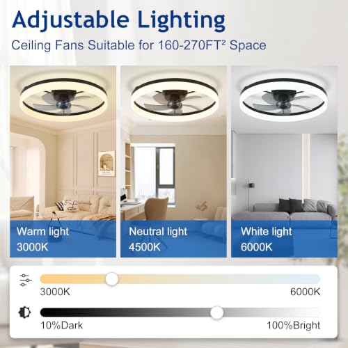 DLLT Bladeless Ceiling Fans with Lights: 24 Inch Modern Flush Mount Low Profile Ceiling Fan with APP Remote Control - Black Enclosed LED Fandelier Dimmable Quiet DC Motor for Bedroom Living Room by DINGLILIGHTING - Used condition - Image 6