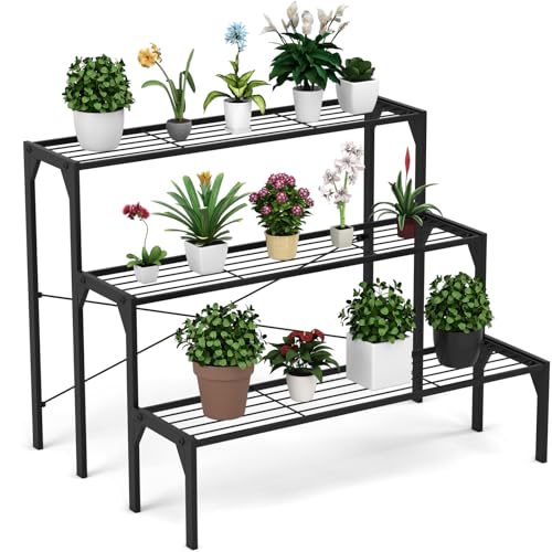 Étagère pour plantes à échelle en métal, porte-fleurs, support multi-usage et robuste pour fleurs à 3 niveaux, piédestal pour plantes de balcon, jardin,...