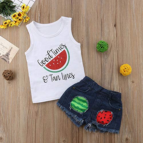 Honganda 2Pcs Toddler Kids Baby Girl Watermelon Outfits Sleeveless Tank Top+Denim Shorts Summer Clothes (White+Watermelon, 3-4T)