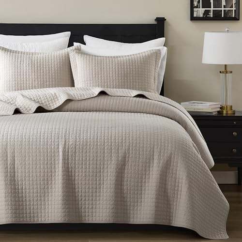 WDCOZY 100% Cotton Queen Size Quilt Set - Beige Box Pick Stitch Soft Lightweight Bedspread, Textured Like Linen, Farmhouse Country Rustic Coverlet, Shabby Chic Gauze Bedding, 3 Pieces