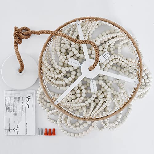 VILUXY Bohemia Wood Beaded Pendant Lights Antique Rustic Mini Chandelier White Finishing for Bedroom, Nursery Room, Girl Room, Hallway, Entryway, Passway, Dining Room, 3-Light - Image 8