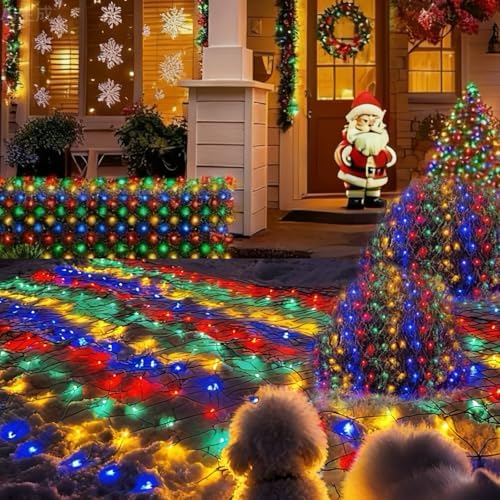HYH Christmas Net Lights Outdoor 360 LED 12FTx5FT Multicolored Christmas Bush Mesh Lights Connectable Waterproof String Light 8 Modes for Decorations Indoor Xmas Tree Bushes Garden Decor Party