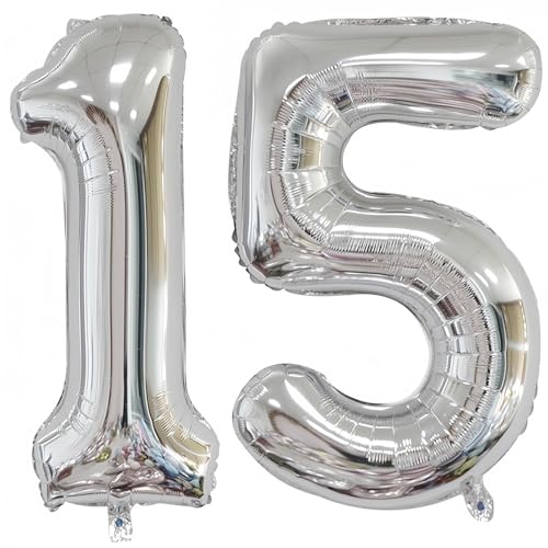 Silver 15 Balloon,40 Inch Silver Number 15 Balloon Big Foil Mylar Helium Balloon for Birthday Party Decorations