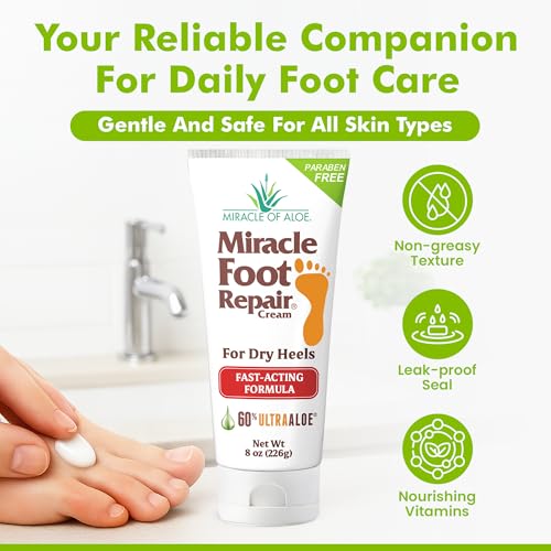 Miracle Foot Repair Cream (8 oz) Repairs Dry Cracked Heels and Feet, 60% Pure UltraAloe Moisturizes, Softens, and Repairs