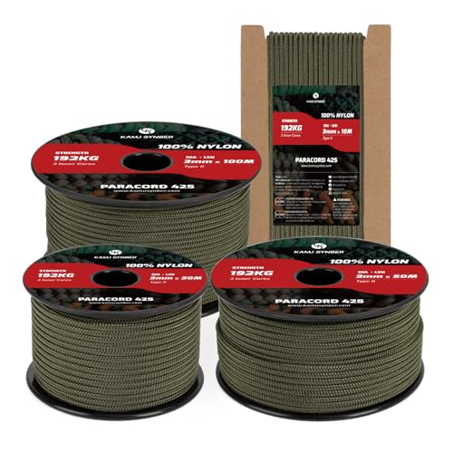Kamu Synber 425 Paracord 3mm x 50m Corda Nylon 100% Tipo II 3 Fili Corda Paracadute Resistente per Sopravvivenza, Esterno, Fatto a Mano | Supporto 192kg | Verde Militare