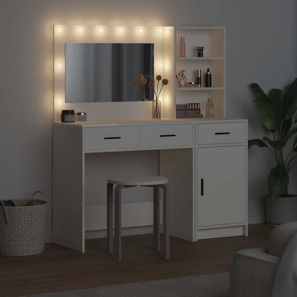 Tocador de tocador, cosmético, mueble de maquillaje, espejo con iluminación, cajón y espacio de almacenamiento, organizador de madera para dormitorio, vestidor y habitación de niña, moderno
