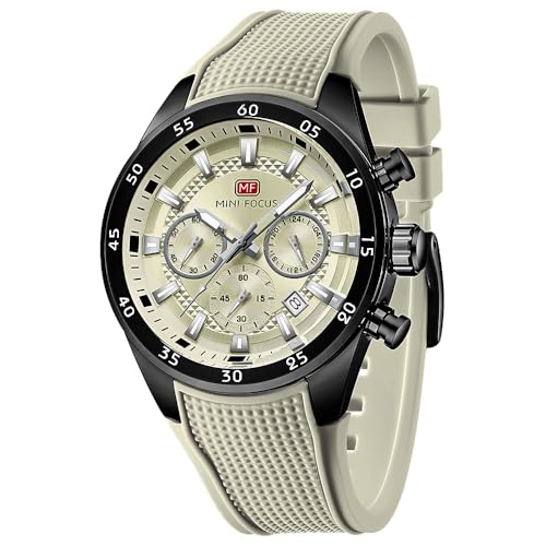 MINI Focus Men Watches Unique Casual Wristwatch (Chronograph/Waterproof/Luminous/Calendar/24 Hours) Silicon Band Fashion Watches for Men (Off White)