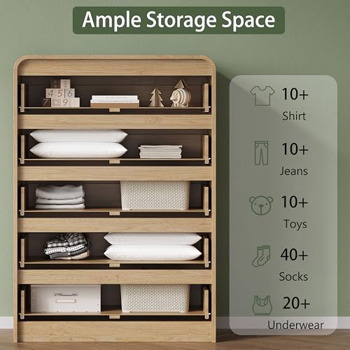Image of 5 Drawer Dresser for Bedroom, 45 inch Tall Fluted Dresser with Curved Edge and Ergonomic Handleless, Large Wooden Clothes Storage Organizer, Modern Chest of Drawers for Closet, Living Room, Natural Wood