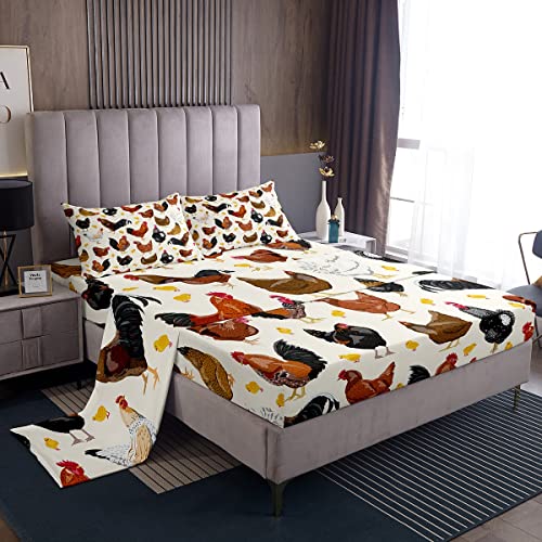 Farmhouse Style Bed Sheet Set 4 Piece,Cute Chickens Livestock Sheets Full Size Bed Set,Rustic Animal Theme Bedding Set With Flat,Fitted Sheet,2 Pillow Cases #TOP30
