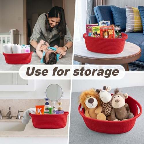 Image of Pro Goleem Small Woven Basket with Gift Bags and Ribbons Durable Baskets for Gifts Empty Small Rope Basket for Storage 12 inchX 8 inch X 5 inch Baby Toy Basket with Handles, Red
