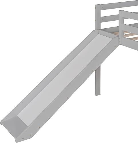 Miniatura 9 de Anwick Cama tipo loft individual con tobogán cama baja con listones de madera maciza y barandilla de protección cama tipo loft individual de madera