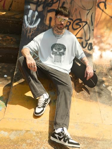 Image of The Souled Store Marvel Indie: Logo Men and Boys Short Sleeves Round Neck Embroidered Drop Shoulder Baggy Casual Streetwear Superheroes Inspired Cotton Super Oversized T-Shirt