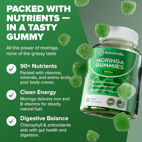 Rosabella Moringa Gummies – Moringa Leaf Extract 1000mg Equivalent Per Serving – Natural Energy & Balance – Non-GMO, Gluten-Free Superfood Gummies for Women & Men – 30 Count