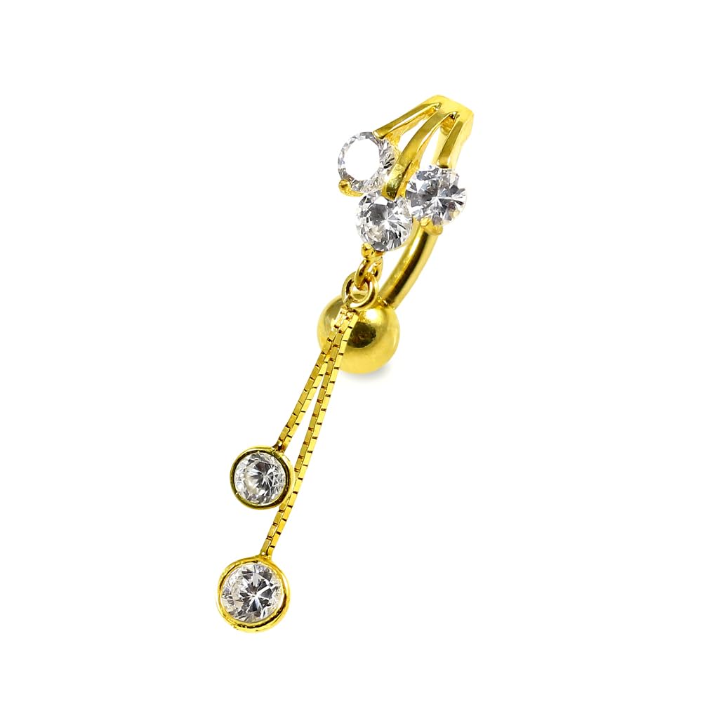 Piercing para el ombligo de oro amarillo macizo de 14 quilates con forma de aleta con doble colgante redondo en caja de cadena, joyería para ombligo de 14 quilates, calibre 14, 14 Gauge