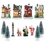 Juegos de pueblo de Navidad, 10 piezas con luz LED, casas de pueblo de Navidad, mini figuras de Navidad, accesorios de resina, edificios de resina, adornos de escritorio, escena de pueblo de Navidad