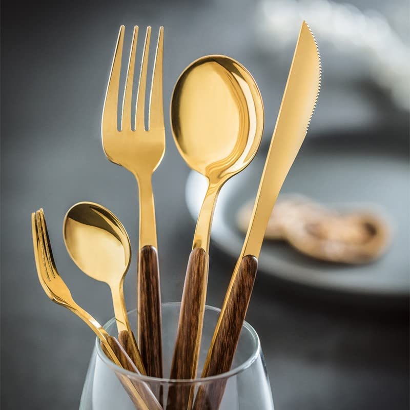 Image of Gold Flatware Matte Wooden Handle Stainless Steel Tableware Sets for 3 Including Forks Spoons Knives, Camping Silverware Travel Utensils Set Cutlery(Gold, Set of 15)