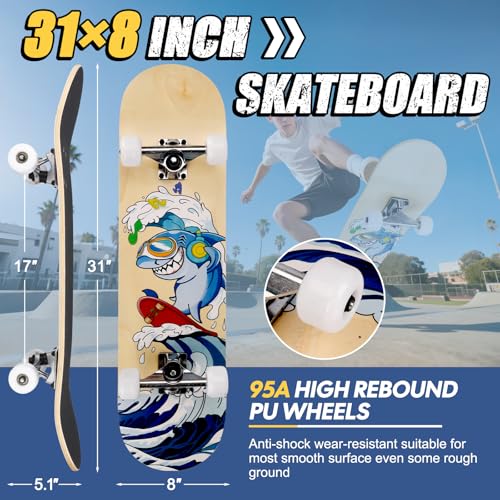 Image of Skateboards for Beginners Adults Youths Teens Kids Girls Boys 31 Inch Pro Complete Skate Boards 7 Layer Canadian Maple Double Kick Concave Longboards